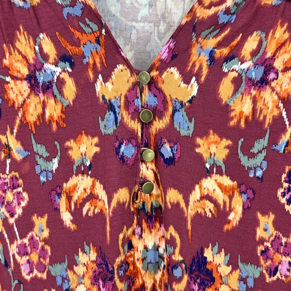 New Democracy Ruffle Collar Floral Print Knit Shirt Plus Size 3X Berry Purple - Picture 5 of 11